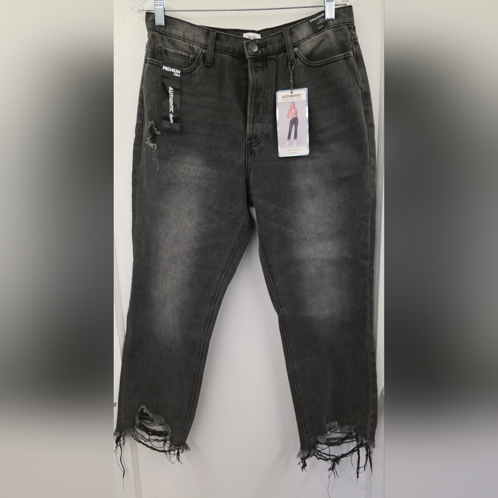 Simple Society NWT Super High Rise Straight Jeans 13/31 Black Distressed